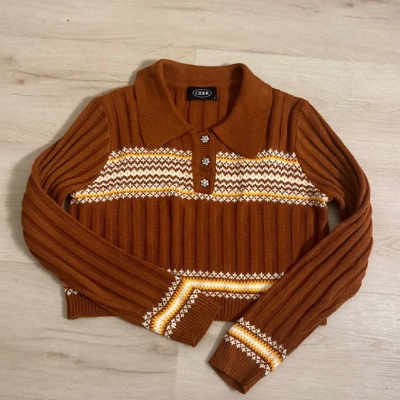 CIDER Retro Button Up Cropped Geometric Polo Knit Top Women’s Size Large - Picture 12 of 12